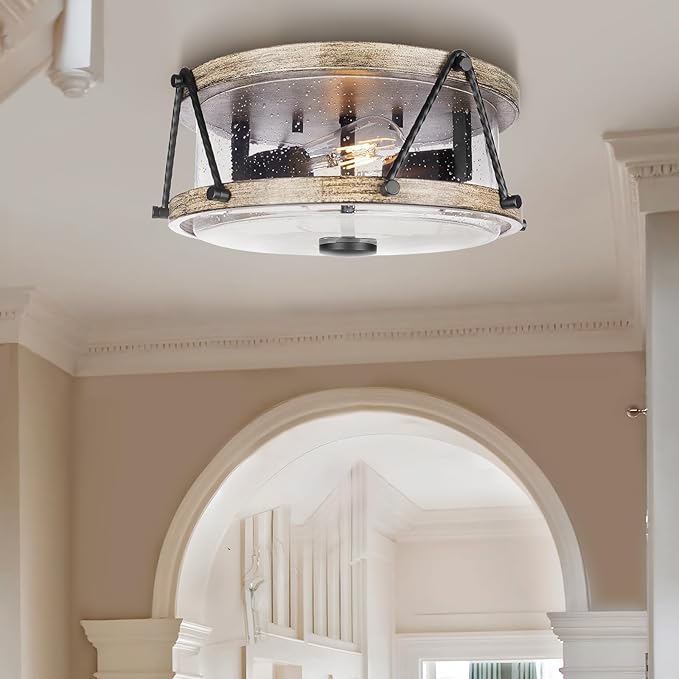 Flush Mount Ceiling Light Fixture, Brown Farmhouse Ceiling Lamp with Seeded Glass Shade, Multi-Purpose 12 Inch light fixtures ceiling mount for Bedroom, Entryway, Kitchen, Hallway, Dining Room