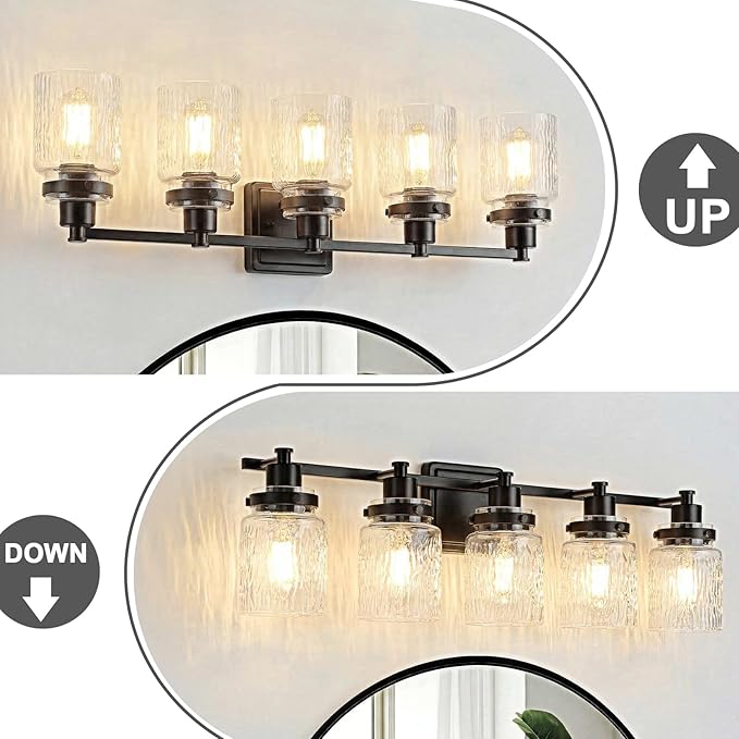 5 Lights Bathroom Light Fixtures Farmhouse Black Vanity Lights for Bathroom Lighting Fixtures Over Mirror with Hammered Glass Lampshade for Cabinet Mirror Bedroom Hallway