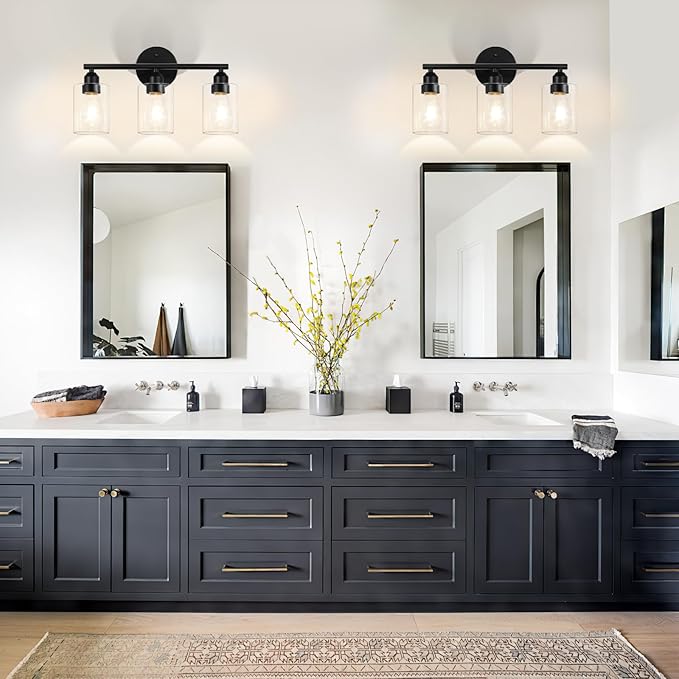 3-Light Bathroom Light Fixtures, 17.3" Black Modern Vanity Light for Bathroom Mirror, Glass Shade, Kitchen, Living Room, Bath, Metal