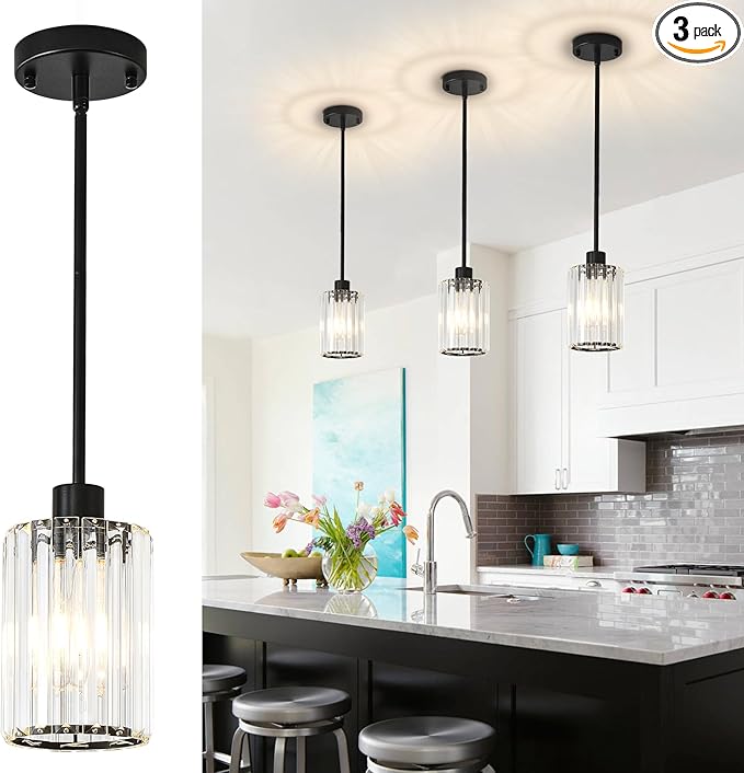 Crystal Pendant Lights Kitchen Island, 3 Pack Black Kitchen Pendant Lighting Over Island, 1-Light Mini Modern Hanging Lights for Kitchen Island, Dining Room, Hallway, Foyer, Entryways
