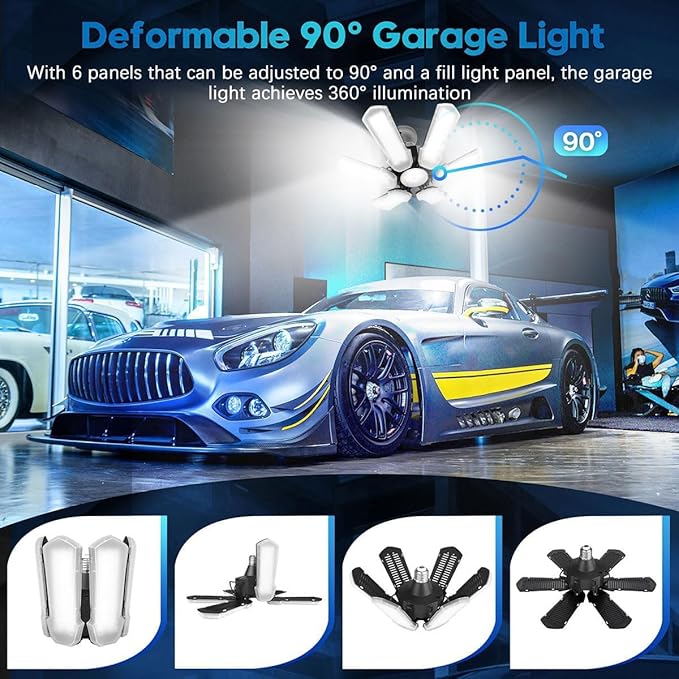 TANBABY 1 Pack LED Garage Lights, 150W Deformable Garage Light Bulb, 15000LM 6500K Daylight, 6+1 Adjustable Panels, E26/E27 Screw-in Ceiling Light for Basement