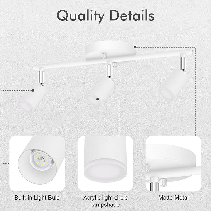AUQUEE 3 Light Track Lighting Fixtures Ceiling, 12W/2700K White Track Lighting with Acrylic Lampshade & Rotatable Light Heads, 20000hrs Lifespan, Modern LED Track Lights Ceiling for Kitchen/Hallyway