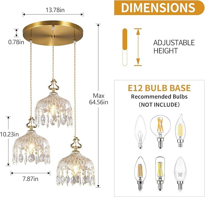 3-Light Pendant Light Fixtures Brass Vintage Glass Pendant Lights Crystal Hanging Light Fixtures,Adjustable Height Pendant Lighting for Dining Room Living Room Bedroom Hallway(Round Chassis)