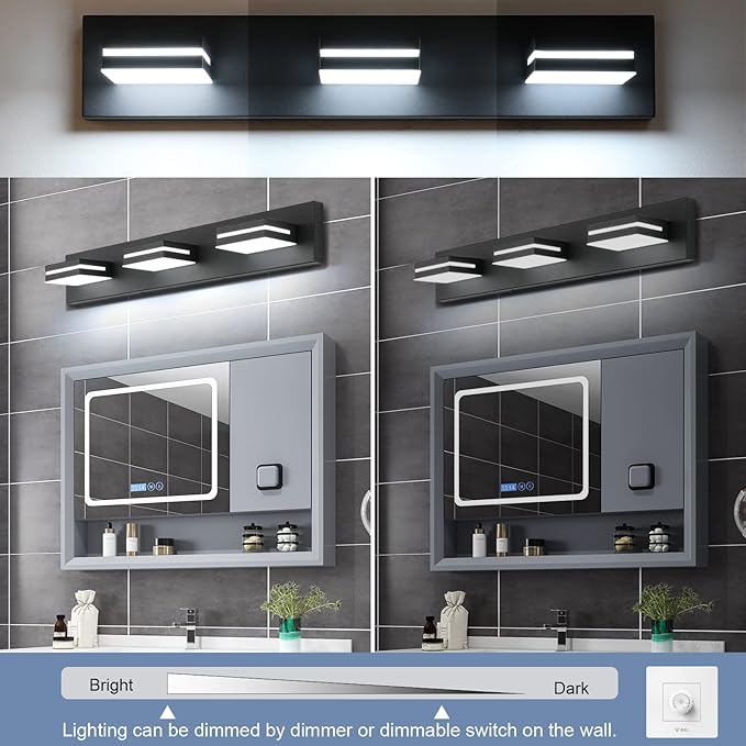 SineRise LED Modern Bathroom Vanity Light Fixtures, Dimmable Matte Black Modern Acrylic Bathroom Wall Lighting Fixtures Over Mirror (Cool White 6000K)
