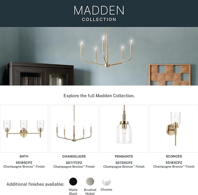 Kichler Madden 1-Light Mini Pendant with Clear Glass in Champagne Bronze, Sloped Ceiling Compatible, for Game Room, Bar, Island, Billiards Table or Kitchen (15" x 7"), 52725CPZ