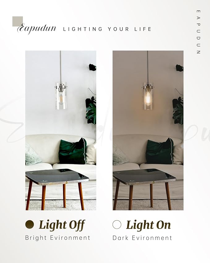 EAPUDUN Pendant Light Fixtures, Brushed Nickel Finish Kitchen Lights Ceiling, Clear Glass Pendant Lights Kitchen Island-PDA1353-A-BNK