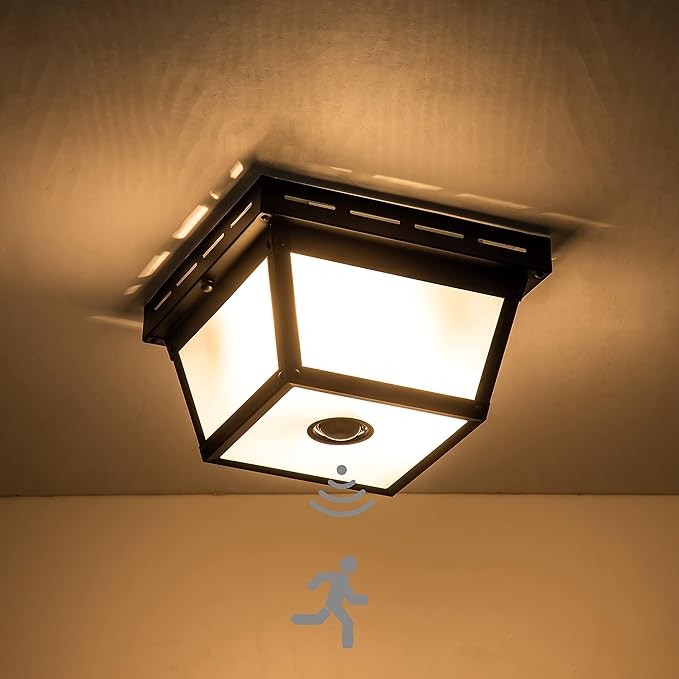 c cattleya 2-Light Motion Sensor Ceiling Light Fixture Outdoor Flush Mount Light Porch Lights Ceiling Mount Black with Textured Glass for Front Porch Deck Covered Patio Hallway