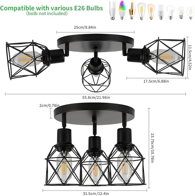 WILON Kitchen Light Fixtures Ceiling Mount, Black Fixtures 3-Light Adjustable Semi Flush Mount Ceiling Light, Multi-Directional Lights for Kitchen Hallway Dining Room(E26 Base)