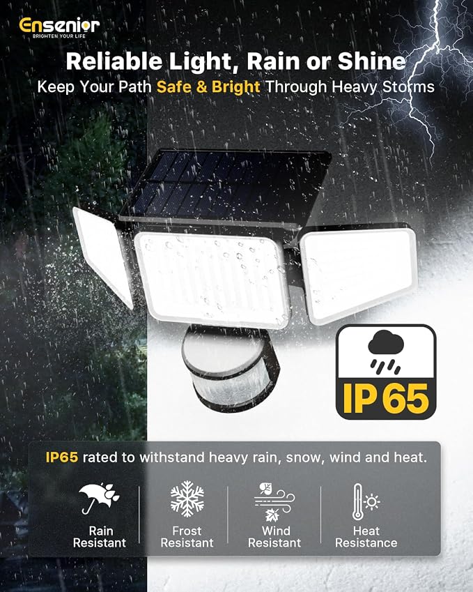 Ensenior Solar Motion Lights Outdoor, 228 LED 3000LM High Brightness Security Lights with Remote Control, IP65 Waterproof 3 Heads Flood Light 4 Modes, 270° Wide Angle Motion Sensor Light, 2 Packs