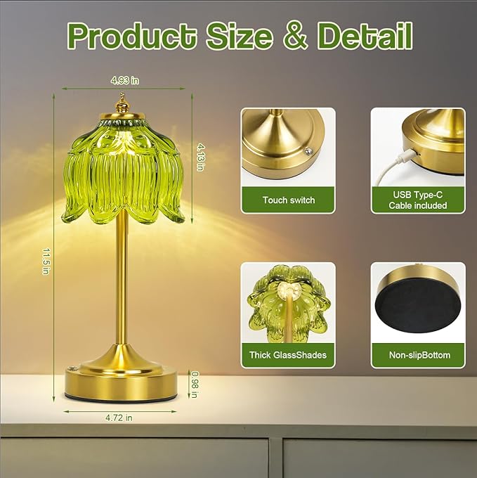 Cordless Lotus Flower Table Lamp, 5200mAh Rechargeable Battery Operated Portable Lamp, 3-Color Dimmable Touch Control Small Desk Lamp for Bedroom, Office, Kitchen, Nightstand,Room Decor(Green)