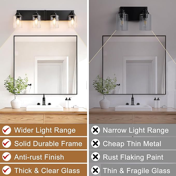 Black Bathroom Light Fixture, 4 Light Matte Black Vanity Light, 27.5" Modern Bathroom Lighting Fixtures Over Mirror, with Clear Glass Shade, Vanity Lights for Bathroom Bedroom Hallway