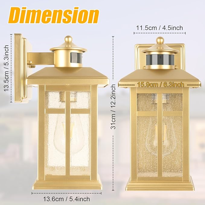 Brilvibera Outdoor Light Fixture Motion Sensor, Gold Waterproof Outside House Light, Modern Wall Lights, Outdoor Garage Light Dusk to Dawn Exterior Light Fixture for House, Garage, Garden