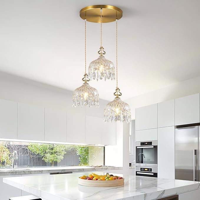 3-Light Pendant Light Fixtures Brass Vintage Glass Pendant Lights Crystal Hanging Light Fixtures,Adjustable Height Pendant Lighting for Dining Room Living Room Bedroom Hallway(Round Chassis)