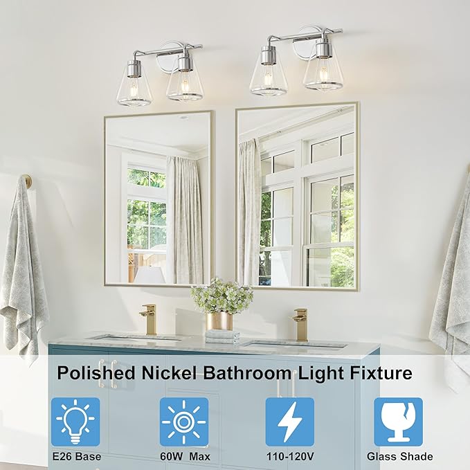 Bathroom Light Fixtures Over Mirror Polished Nickel Vanity Light 2-Lights Bathroom Vanity Lights with Clear Glass Shade 14 inch Vanity Lighting Fixtures Modern Wall Sconces Bath Light
