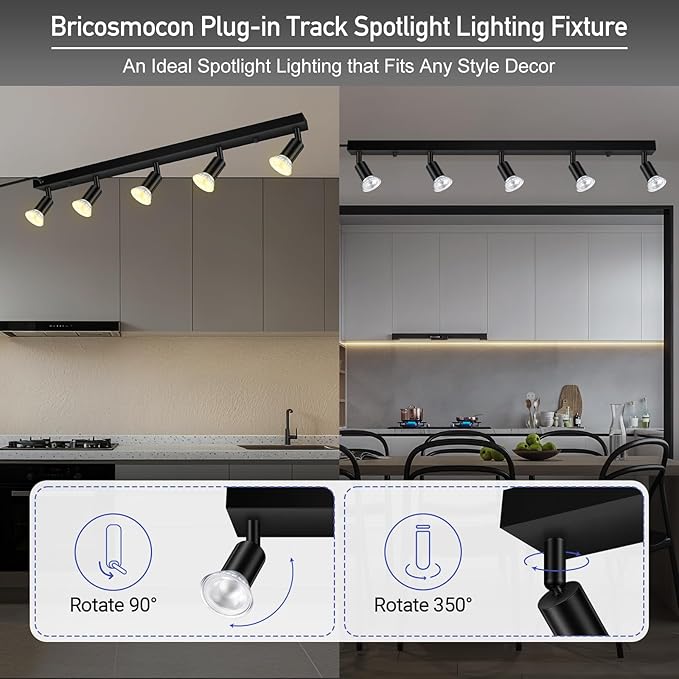 Plug-in Track Lighting, LED Track Lighting Fixtures Ceiling Kit, 30" Black Plug in Wall Light with 14.8ft Cord, 5-Light Ceiling Spotlight,Rotatable Kitchen Light Head for Bedroom Hallway(GU10,NO Bulb)