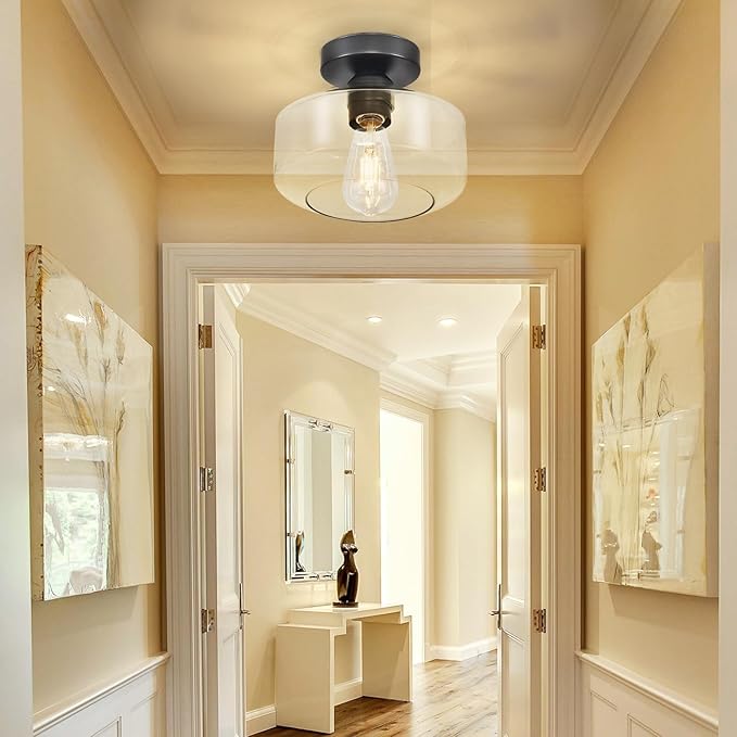 Industrial Semi Flush Mount Ceiling Light: Black Kitchen Lighting Fixtures Ceiling with Clear Glass - Vintage Hallway Light Fixtures E26 Bulb Included - 8.46” Light Fixtures Mount for Foyer