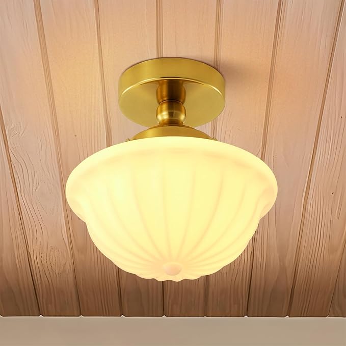 Schoolhouse Milk White Glass Ceiling Light,9" Semi Flush Mount Ceiling Light, Gold Mid Century Light Fixtures for Bedroom Kitchen Hallway Entryway