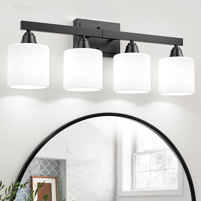 VOLISUN Matte Black Bathroom Light Fixtures, 4-Light Bathroom Vanity Lights Over Mirror, Modern Vanity Light for Bathrooms, Bathrooms Lights Fixtures Over Mirror with Milky White Frosted Glass Shades