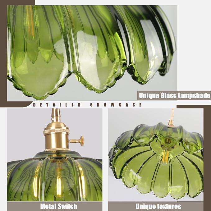 Pendant Lights Kitchen Island,Green Glass Vintage Light Fixtures,9.8inch E26 Adjustable Hanging Light Flower Finish Ceiling Hanging Lamp for Bedroom Living Room Hallway 1 Light