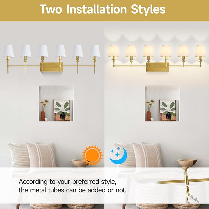 6-Light Bathroom Light Fixtures,50 in Vintage Bathroom Vanity Lights Over Mirror,Antique Brass Wall Sconce with Flared White Fabric Lampshade for Bedroom,Living Room,Foyer,Hardwired,E12 Base