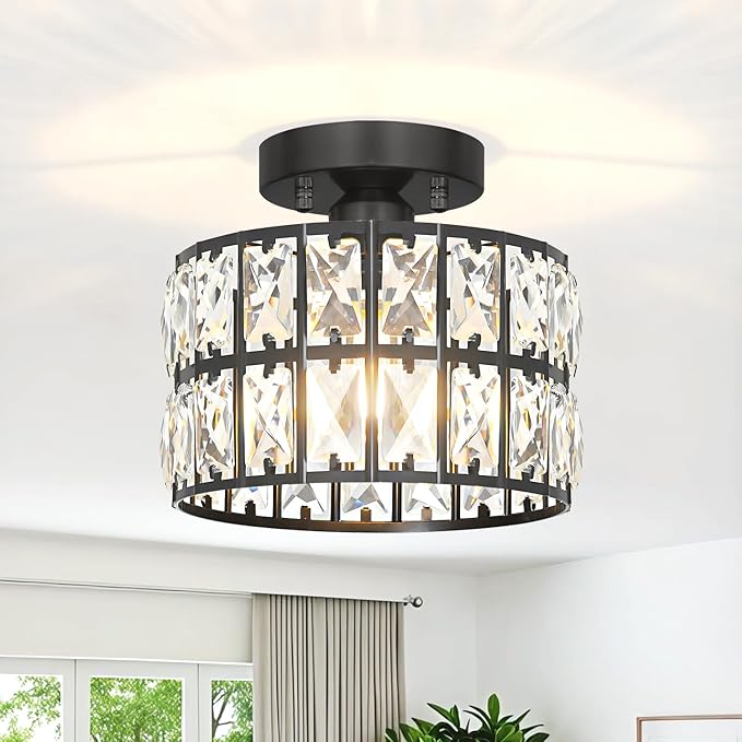 Crystal Ceiling Light Fixture, Modern Matte Black Crystal Chandelier, Small Semi Flush Mount Ceiling Lighting, Round Hallway Lighting for Kitchen Entryway Bedroom Bathroom, 1-Light, 9 Inch