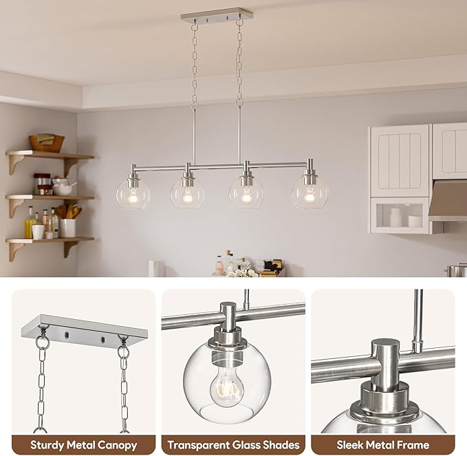 VONLUCE Dining Room Light Fixture Over Table, 4-Light Kitchen Island Lighting with Round Glass Shades & Adjustable Hanging Heights, Linear Chandlier for Dining Room Kitchen, Nickel, ETL Certificated