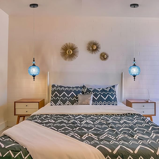 Vintage Blue and Black Glass Pendant Lights Kitchen Island Light Modern Bedroom Pendant Lighting Fixtures Hanging Lamp for Kitchen Island Bedroom Dining Room Coffee Shop Hallway