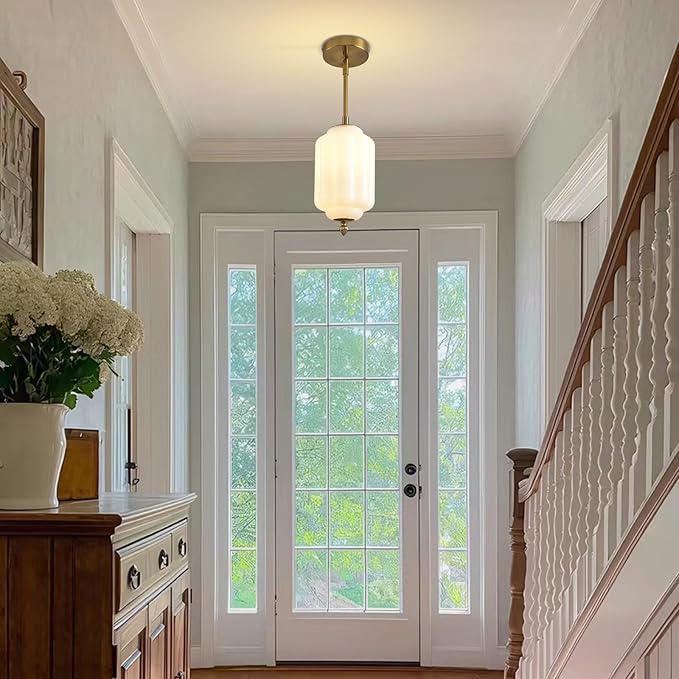 Vintage Milk Glass Pendant Lights 5.5 Inch Mid Century Brass Hanging Ceiling Light, Small Adjustable Height Kitchen Island Hanging Lights for Dining Room, Kitchen, Hallway and Bedroom, E12 Base