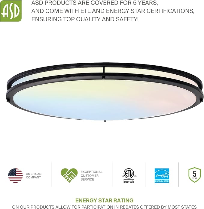 ASD LED 32" Oval Flush Mount Lighting, Close to Ceiling Light Fixture | 3CCT, Dimmable, Energy Star, ETL Listed | 45W 3750LM 3000-5000K 100-277V | Low Profile Double Ring Lamp | Black