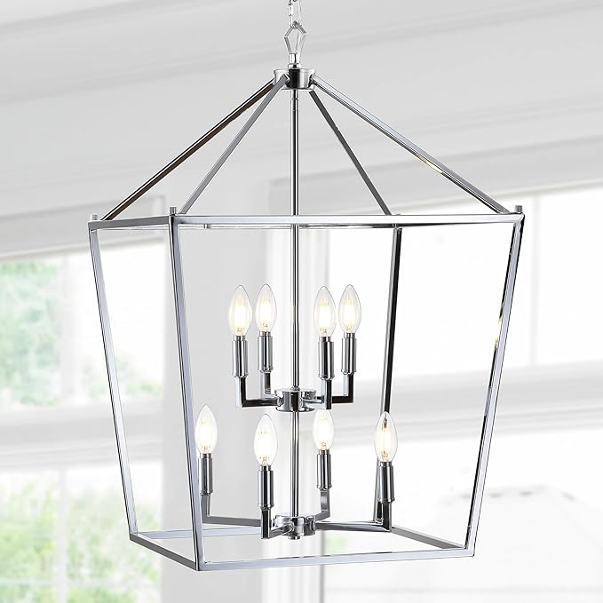 JONATHAN Y 20" Chrome Lantern Pendant Light, 1-Light Pagoda Style Metal Cage Farmhouse Hanging Ceiling Fixture for Kitchen Island, LED Bulb Included (JYL7438C)