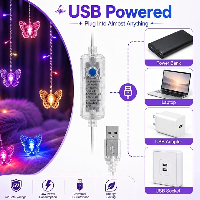 Butterfly Curtain Fairy Lights USB Plug in,8 Modes 120 LED 19.7FT Firefly Twinkle Timer String Lights with Remote, Waterproof Copper Wire for Bedroom Patio Christmas Wedding Party (Multi-new)