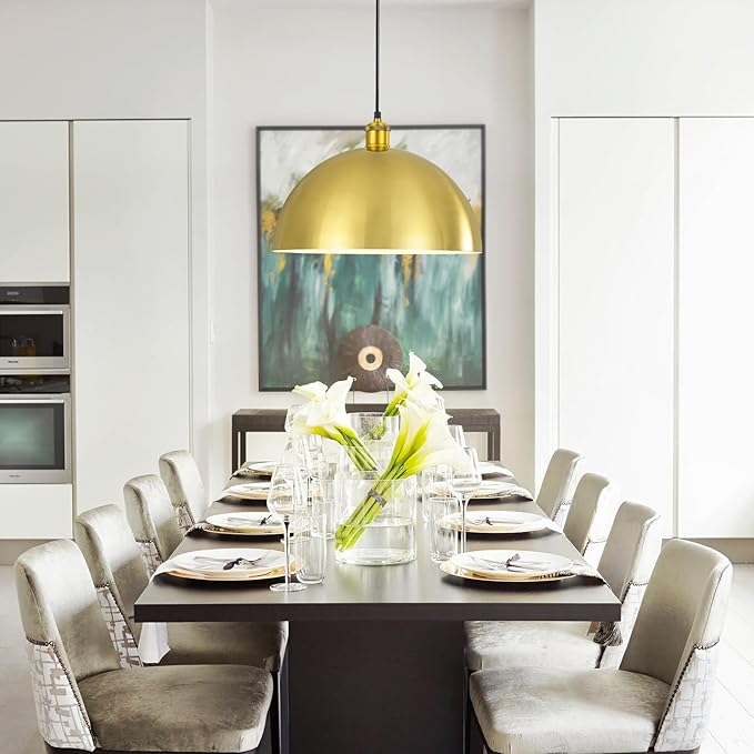 Gold Pendant Light, 12" Farmhouse Ceiling Light with Gold and White, Elegant Semi-Circular Shade Design, Adjustable Height Industrial Dome Pendant Lights for Kitchen Island, Dining Room