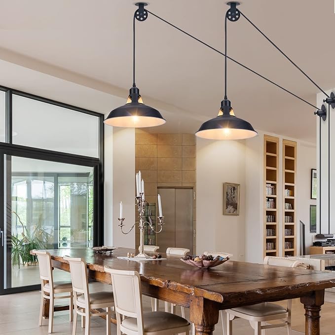 Plug in Pendant Light, Hanging Lamp with Black Barn Pendant Lighting with 14.76ft Cord On/Off Switch, Adjustable Pulley Hanging Pendant Lighting for Kitchen Bedroom Restaurant 2 Pack