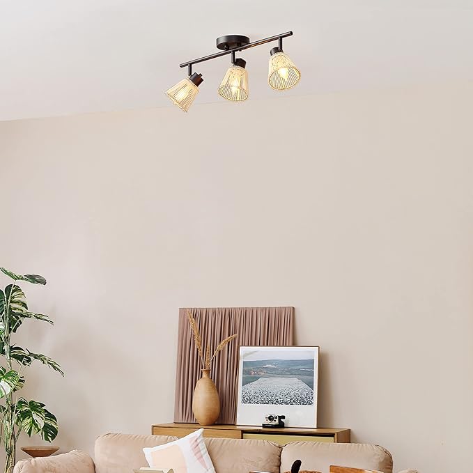 Globe Electric 3-Light Track Lighting Kit, Matte Black, Bamboo Shades, 3 Bulb Kitchen Light, E12 Socket