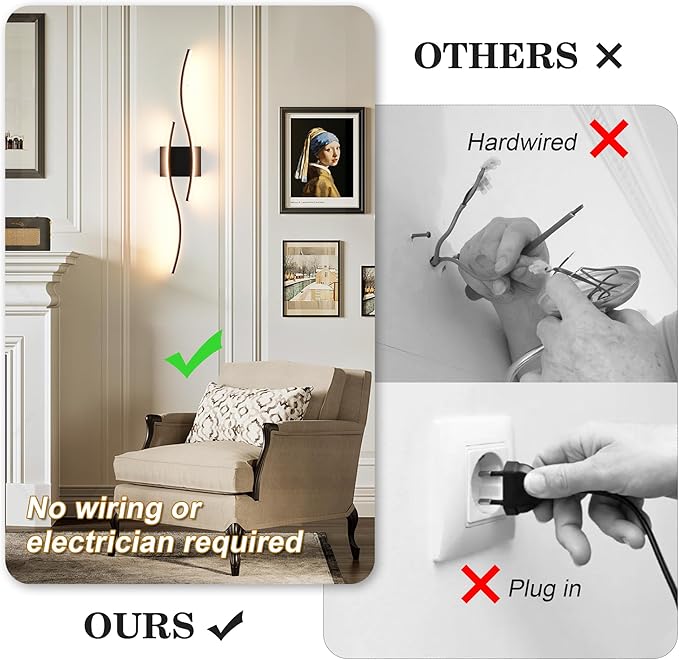 KARTOOSH Battery Operated Wall Sconces Set of Two with Remote Control, Dimmable/3 Color/Night-Light/Timer/Memory, Black Modern Wireless LED Sconce for Living Room, Hallway, Bedroom, 27.5 Inch (2 Pack)
