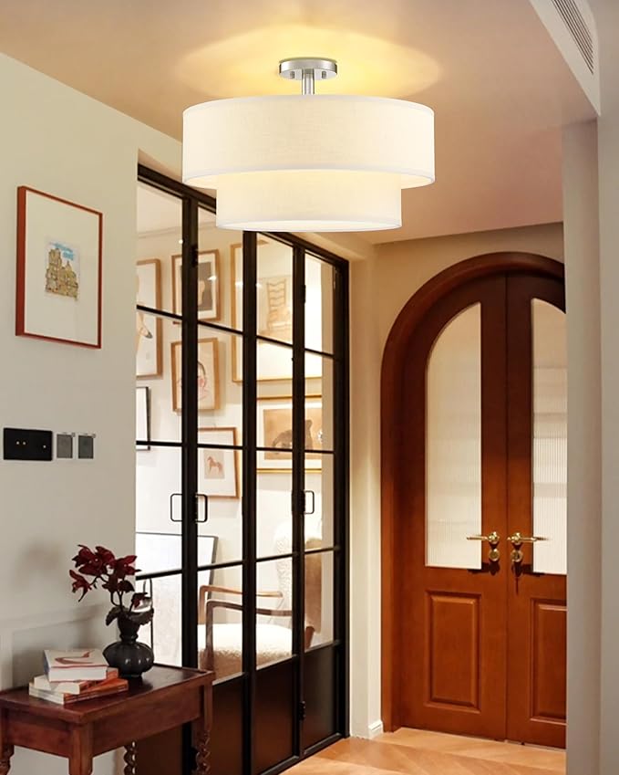 5 Light Semi Flush Mount Close to Ceiling Light Fixture,Cream Linen Fabric Shade Brushed Nickel Finish 24 inch for Bedroom,Living Room,Dining Room Hallway