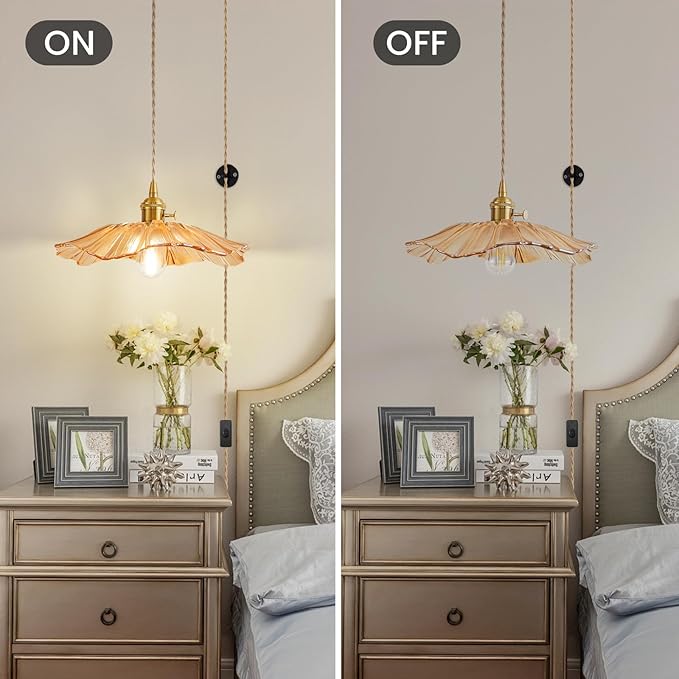 Plug in Glass Pendant Lights Kitchen Island Brass Glod Vintage Hanging Light Fixture Flower Light for Bedroom Kitchen Hallway Corded On/Off Switch Bathroom Amber Sunflower