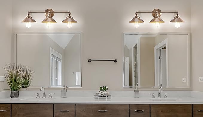 JONATHAN Y 26.5" Brass Gold 3-Light Industrial Farmhouse Metal Vanity Light Wall Sconce, Metal Shade for Bathroom Mirror, Kitchen, Entryway, LED Bulb Included (JYL7431A)