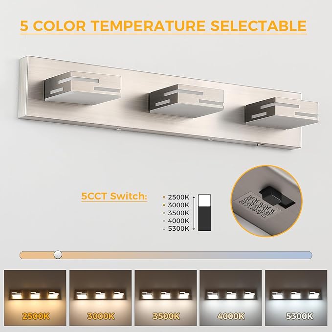 3-Light 5CCT Modern Bathroom Vanity Light Fixtures, 24-Inch 350° Rotatable LED Vanity Lights Over Mirror, Dimmable Brushed Nickel Wall Sconce with Frosted Acrylic Shade
