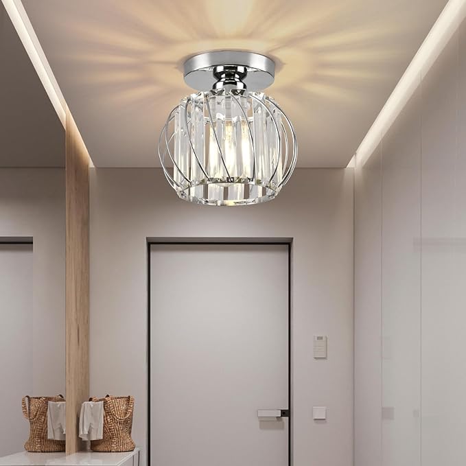 Crystal Semi Flush Mount Ceiling Light, Silver Crystal Chandelier for Kitchen, Hallway, Dining Rooms, Living Rooms, Bar, Farmhouse, 7.4 x 7.4 x 4.7 inches