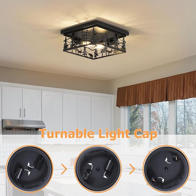 2 Pack Rustic Industrial Flush Mount Ceiling Light, 11" Black Metal Cabin Design E12 Square Ceiling Light Fixture, for Kitchen, Foyer, Bedroom Farmhouse Lighting (Bulbs Not Included)