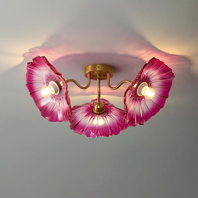 Flower Glass 3 Lights Ceiling Light - Red Vintage Floral Semi Flush Mount Chandelier Lighting Fixtures - Mid Century Modern Art Deco Lamps for Bedroom Bathroom Hallway Foyer Hall Kitchen Living Room