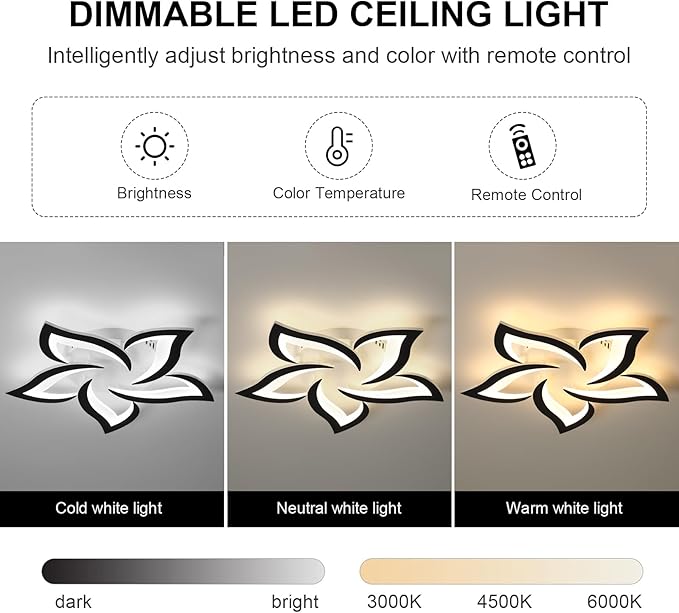 JAYMP 25.6" Flower Shaped Ceiling Light Dimmable Modern Ceiling Lamp Remote Control LED Lighting Fixture for Bedroom Dining Room Kitchen (Black/5 Petals)