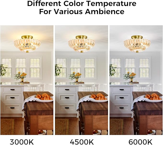 Semi Flush Mount Ceiling Light Fixture Vinatge Gold Ceiling Lights Mid Century Modern Glass Close to Ceiling Lighting Fixtures for Bedroom Hallway Foyer Bathroom Kitchen Laundry Room Nursery