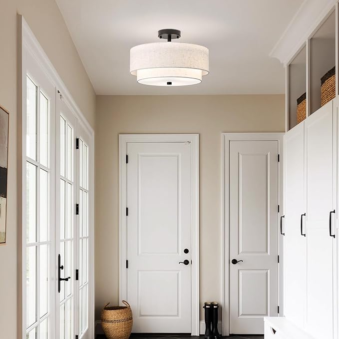 16" Semi Flush Mount Ceiling Light Fixture, Close to Ceiling Light Fixtures with Farmhouse Fabric Linen Shade, Double Drum Black Flush Mount Ceiling Light for Living Room Bedroom Dining Room Kitchen