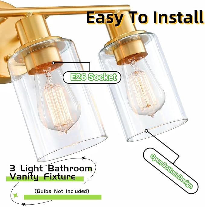 WISBEAM 3-Light Bathroom Vanity Light Over Mirror, Gold Bathroom Wall Sconce with Clear Glass Shade Including E26 Medium Base, Bulb NOT Included