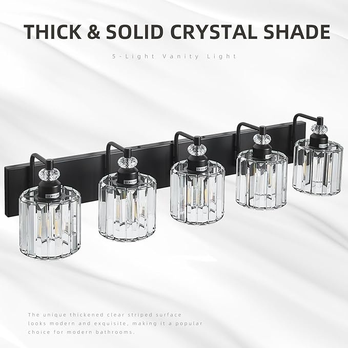 5-Light Black Bathroom Light Fixtures Over Mirror Modern Vanity Lights Crystal Wall Sconce Vintage Bathroom Lighting with Crystal Shade E26 Base for Bedroom, Living Room, Hallway