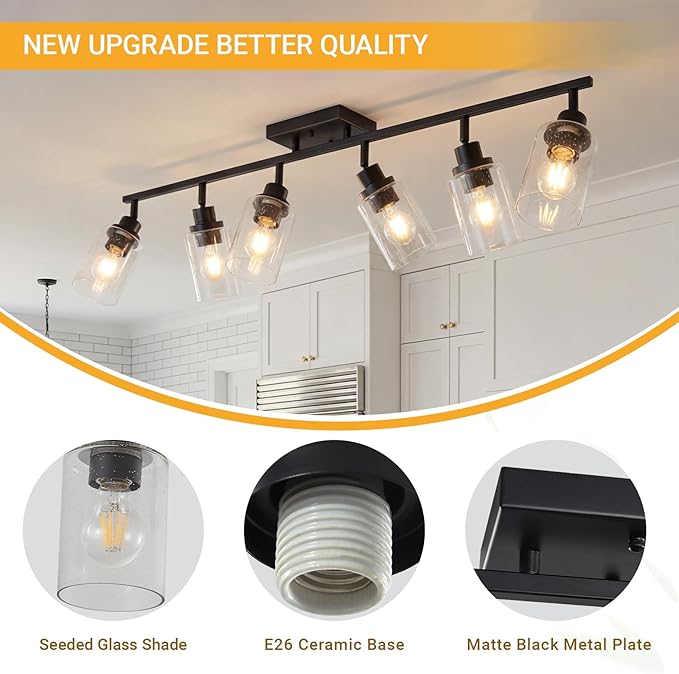 LOUSACE 6-Light Track Light Fixture, Black Bathroom Lighting Fixture Ceiling with Seeded Glass, Modern Directional Ceiling Spotlight Flush Mount for Living Room Bar Hallway Studio