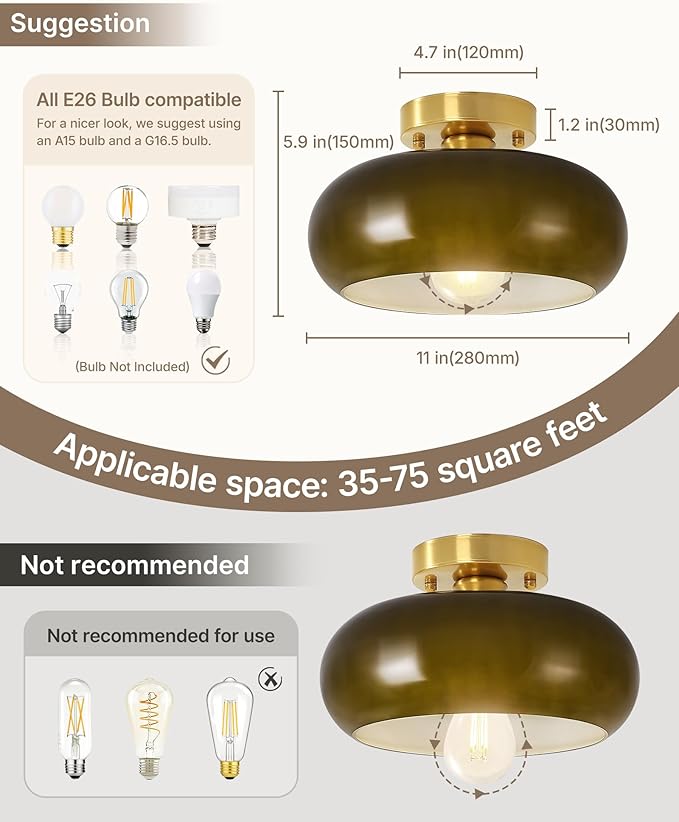 Yunnix Semi Flush Mount Ceiling Light, Gold Light Fixture, Mid-Century Modern Farmhouse Green Glass Small Light Fixtures for Hallway, Bathroom, Kitchen, Bedroom, Living Room, Closet, Laundry(11 Inch)