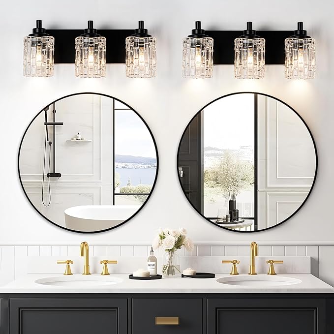 Bathroom Light Fixtures, 3-Light Black Bathroom Vanity Light, Modern Wall Sconces with Clear Glass Shade, Black Wall Lights for Mirror Kitchen Bedroom Hallway, E26 Base